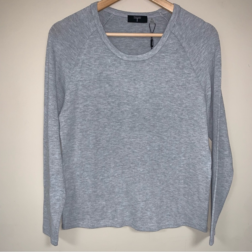 NWT TAHARI Grey Top Women’s XS French Terry Long Sleeve Crewneck Blouse Minimal